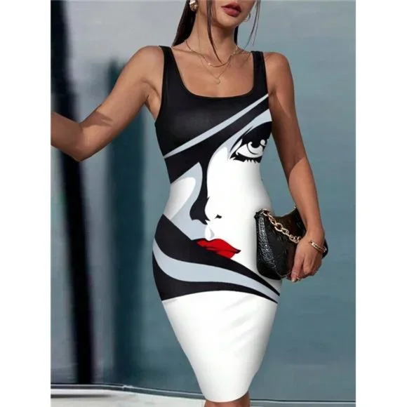 Contrast Color Patchwork Figure Print Bodycon Dress - Picture 3 of 6